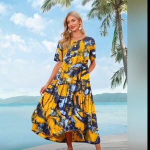YESNO Yellow & Blue Oversized  Bohemian Summer Pockets Swing Maxi Dress …